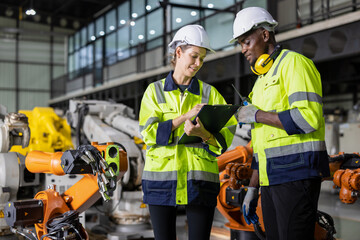 Supporting Engineer team,african american and caucasian woman use laptop to control and testing Artificial Intelligent welding robotic automatic arm machine in modern factory. industry 4.0 Technology.