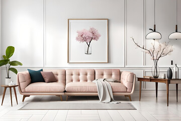 Modern Spring Living Room Interior, Wooden picture frame, Poster mockup, Sofa with linen pale pink striped cushions, Cherry plum blossoms in a vase, Elegant stylish minimal home decor