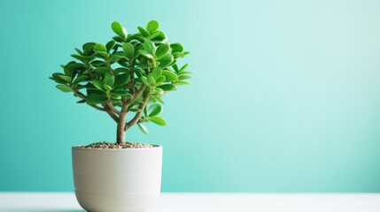 Beautiful Crassula ovata, Jade Plant, Money Plant, succulent plant in a white pot on green background. Home decor and gardening concept. Generative AI.