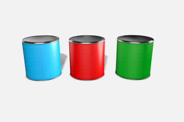 3D rendering of tins of RGB green, red and blue colored paint