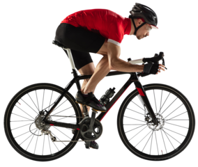 Isolated young professional male bike rider, cyclist on road bike over transparent background. Profile view.