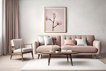 Modern Spring Living Room Interior, Wooden picture frame, Poster mockup, Sofa with linen pale pink striped cushions, Cherry plum blossoms in a vase, Elegant stylish minimal home decor