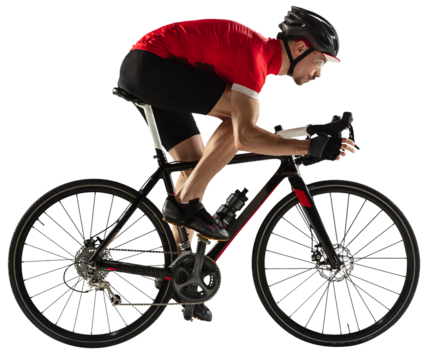 Isolated young professional male bike rider, cyclist on road bike over transparent background. Profile view.
