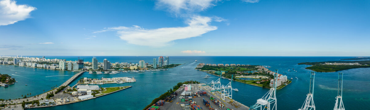 Aerial stitched panorama Miami Beach with islands and port