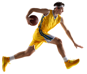 Sportive young man, professional basketball player training with basketball ball isolated over transparent background.