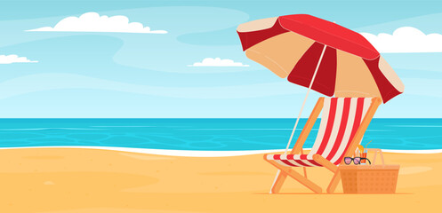 Beach deck chair with umbrella. Summer vacation on a sandy beach. Happy hot vacation. Vector illustration