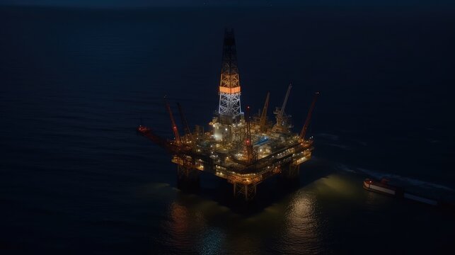 A large offshore platform being worked on at night