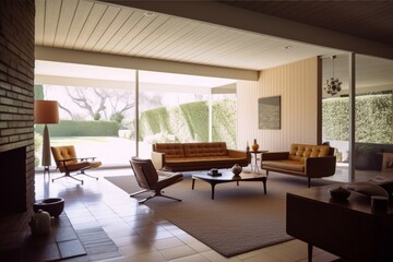 Fototapeta na wymiar illustration of mid-century modern luxury house interior design, Generative AI