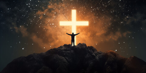 Christian cross symbol in the night sky with silhouette of person with their arms raised worshipping God - obrazy, fototapety, plakaty