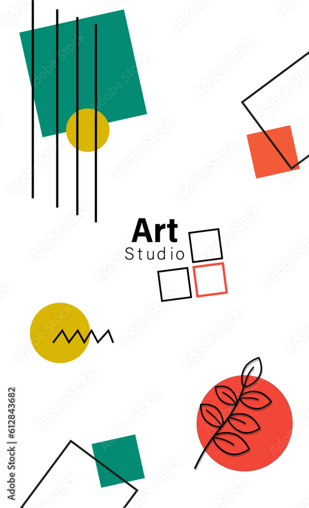 Poster abstract banner with geometric figures. multicolored circles and squares with lines. space for text.