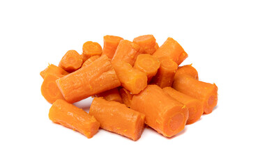 Boiled Chopped Carrot Isolated, Cooked Diced Carrots, Prepared Vegetables Cut Pile, Healthy Diet Ingredient, Chopped Carrot on White Background
