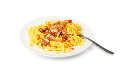 Traditional Italian Egg Pasta, Fettuccine with Chicken, Yellow Pasta with Meat and Tomato Sauce on White