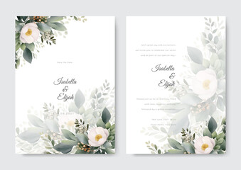 Elegant wedding invitation and menu template with with greenery flower and leaves