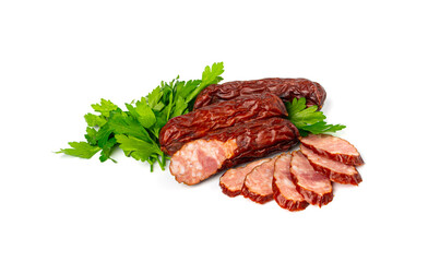 Dry Smoked Sausages Isolated, Salami Sticks, Kielbasa, Cabanossi, Kabanos, Dry Embutido, Chorizo, Bratwurst