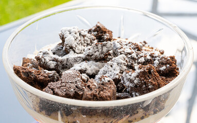 Chocolate Cake Crumbs Sprinkled with Powdered Sugar, Tiramisu in a Small Vase