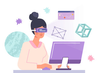 Woman in vr glasses at computer. Young girl in virtual reality. Cyberspace and Metaverse. Play and entertainment, learning. Fantasy and imagination. Cartoon flat vector illustration