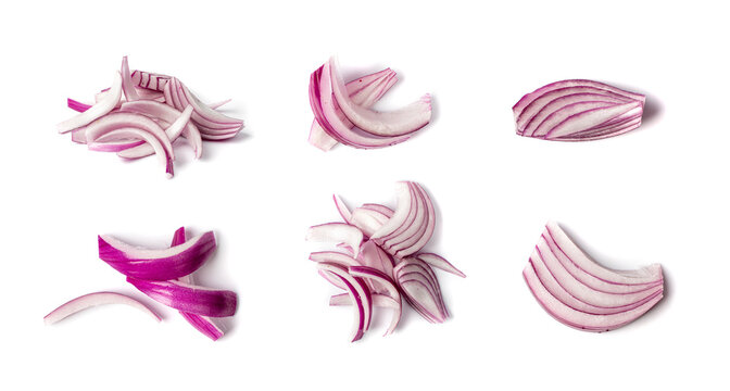 Red Onion Cuts Isolated, Raw Purple Onion Slices, Chopped Purple Onion Pieces
