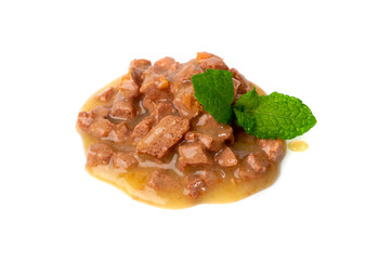 Wet Pet Food Isolated, Cat Diet, Puppy Food Brown Pieces Pile, Dog Meal on White Background