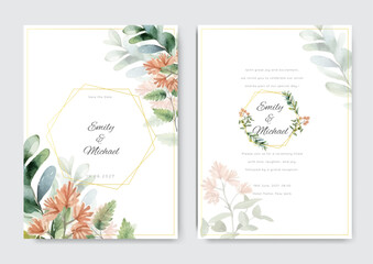 Double sided invitation template set with watercolor green leaves frame multi purpose