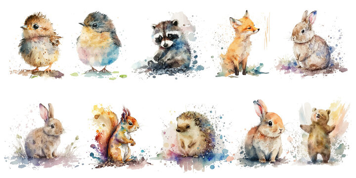 Safari Animal set rabbit, fox, bunny, bear, squirrel, hedgehog, bird, hare, raccoon, sparrow in watercolor style. Isolated Generative AI