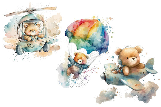 Safari Animal set teddy bears flying in a helicopter, in a airplane and parachute in watercolor style. Isolated Generative AI