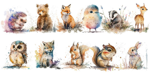 Safari Animal set hedgehog, owl, rabbit, bear, deer, fox, chipmunk, wolf, bird, squirrel, badger in watercolor style. Isolated Generative AI - obrazy, fototapety, plakaty