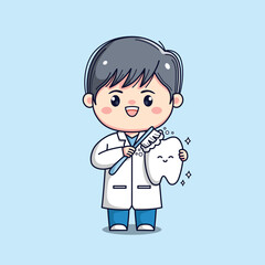 Cute dentist male doctor holding tooth kawaii chibi flat outlined character