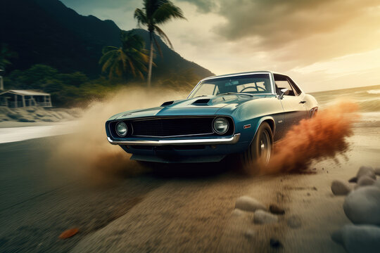 A classic sports car driving on the road, AI generated