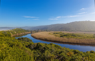 Late afternoon with reflections over a river with reeds near Wildernis, South Africa