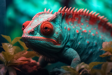 Fototapeta premium stunning turquoise chameleon, its intricate patterns and vibrant colors bringing a touch of fantasy to your imagination. Generative AI.