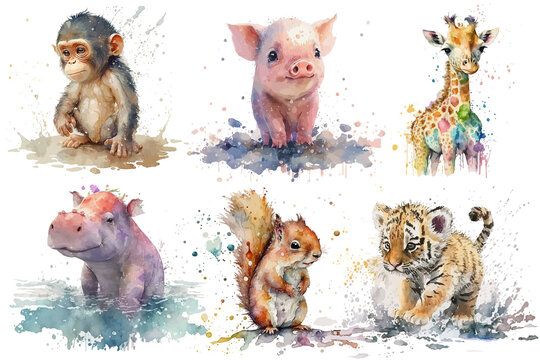 Fototapeta Safari Animal set hippopotamus, tiger, pig, squirrel, giraffe, chimpanzee in watercolor style. Isolated Generative AI