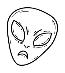 The face of an angry green alien in doodle cartoon style