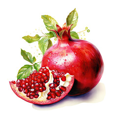 Generative AI watercolor ripe pomegranate on white background