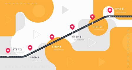 Infographic template with a road and markings on it. Concept of a business development path with key points at certain points. Vector illustration