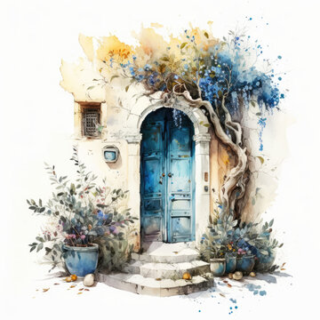 Fototapeta Cute Old Door, Watercolor. Blue door in yellow building wall. Vintage door in summer house and blooming tree, Provence, France or Tuscany, Italy. Generative ai illustration in watercolor style