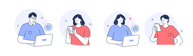 Business people concept illustration. Collections of men and women characters working on laptop and smartphone. Vector illustrations set.