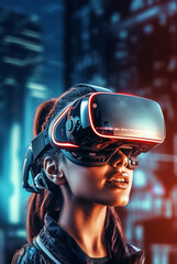 technology intelligence woman wearing VR glasses virtual global world connection ,Ai Generative