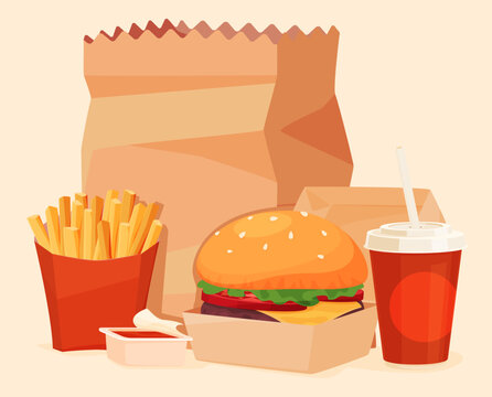 Menu in fast food. Street food. Fast and tasty food preparation in mass cafes and restaurants. Vector illustration