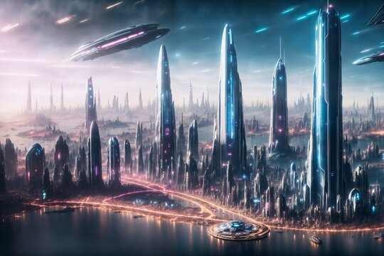 Sci fi modern metaverse city of the future with billboard realistic