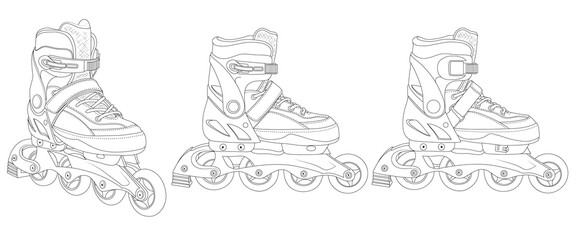 Roller Skates. Sports shoes for professional roller skating. Black and white scheme of the model of roller skates from the front and inside. Detailed drawing.
