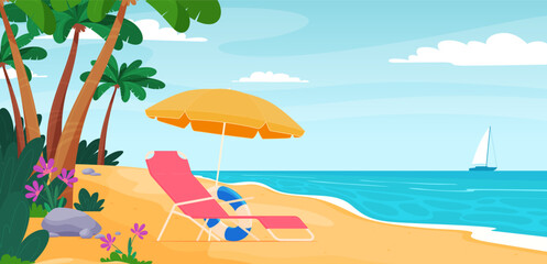 Fototapeta na wymiar Beach deck chair with umbrella. Summer vacation on a sandy beach. Happy hot vacation. Vector illustration