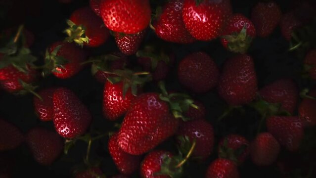 Fresh juicy strawberries bouncing. Slow motion close up