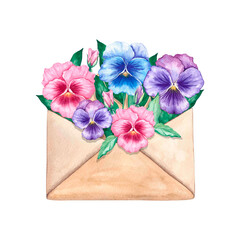 Open beige envelope filled with bright blooming pansies. Summer message with watercolor flowers. Hand-drawn illustration on white background.
