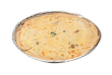 Four cheese pizza isolated on white background.