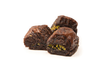 Turkish chocolate baklava isolated on white background.