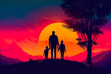 Father's Day Sunset, Synthwave, Father & Children