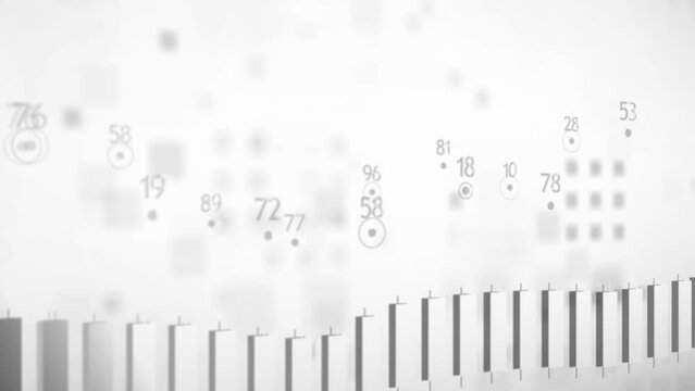 Computer graphics. Blurred background with graphs and charts. Numeric indexes change rapidly. Blockchain. Japanese candles. Exchange quotes with futures and forward contracts