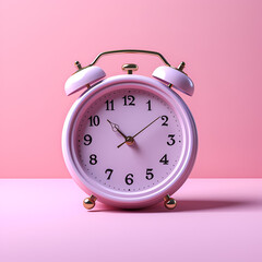 Pink alarm clock on the pink background. Illustration. Ai generation.