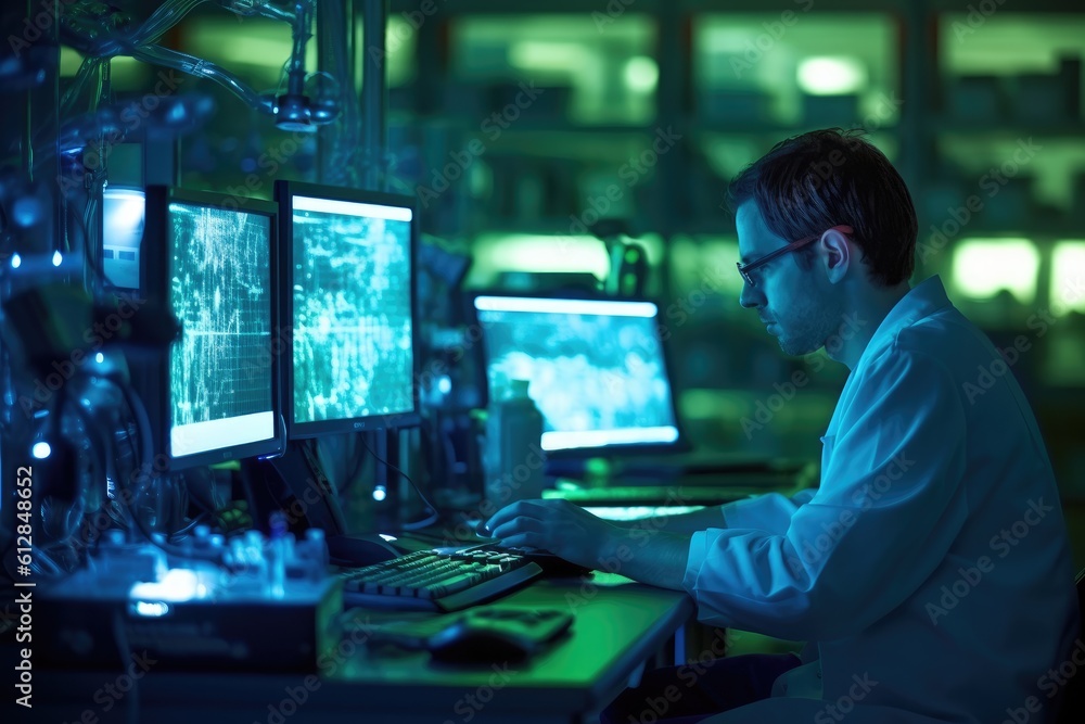 Poster a scientist analyzing data on a computer in a research lab. generative ai