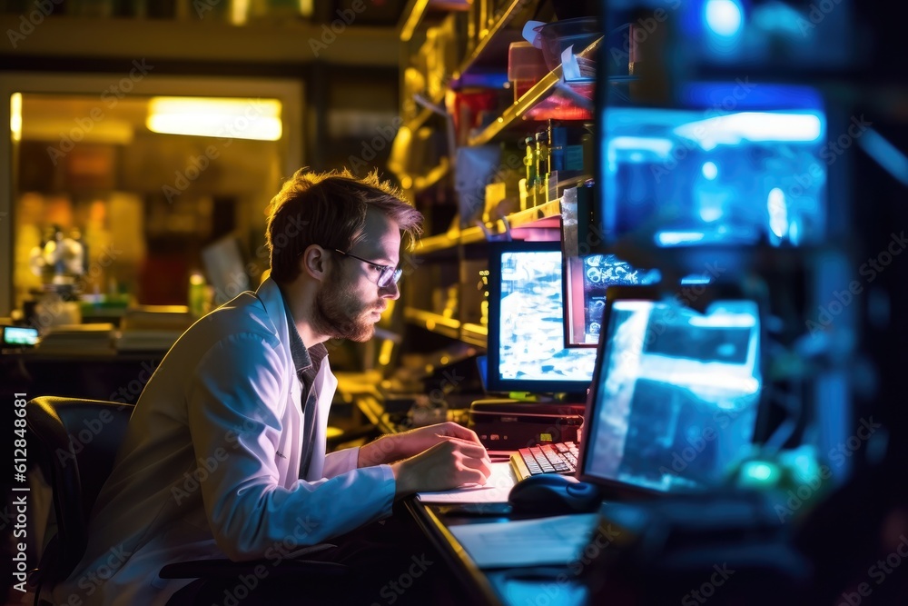 Poster a scientist analyzing data on a computer in a research lab. generative ai